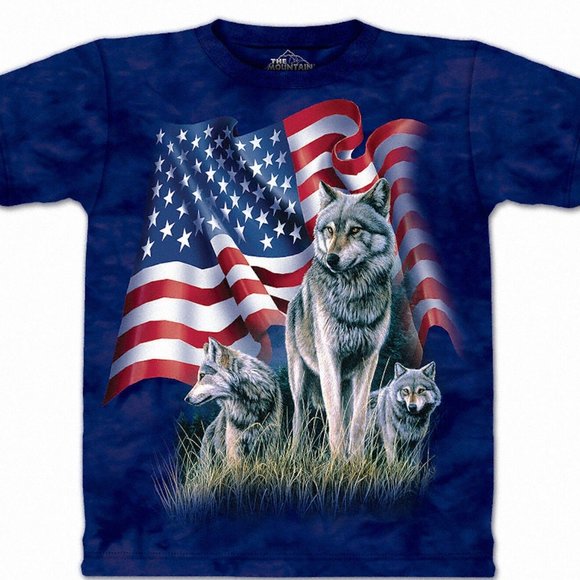 The Mountain Tops - The Mountain American Flag Wolf Proud Wolves Blue Animal Shirt Cotton USA S-2X